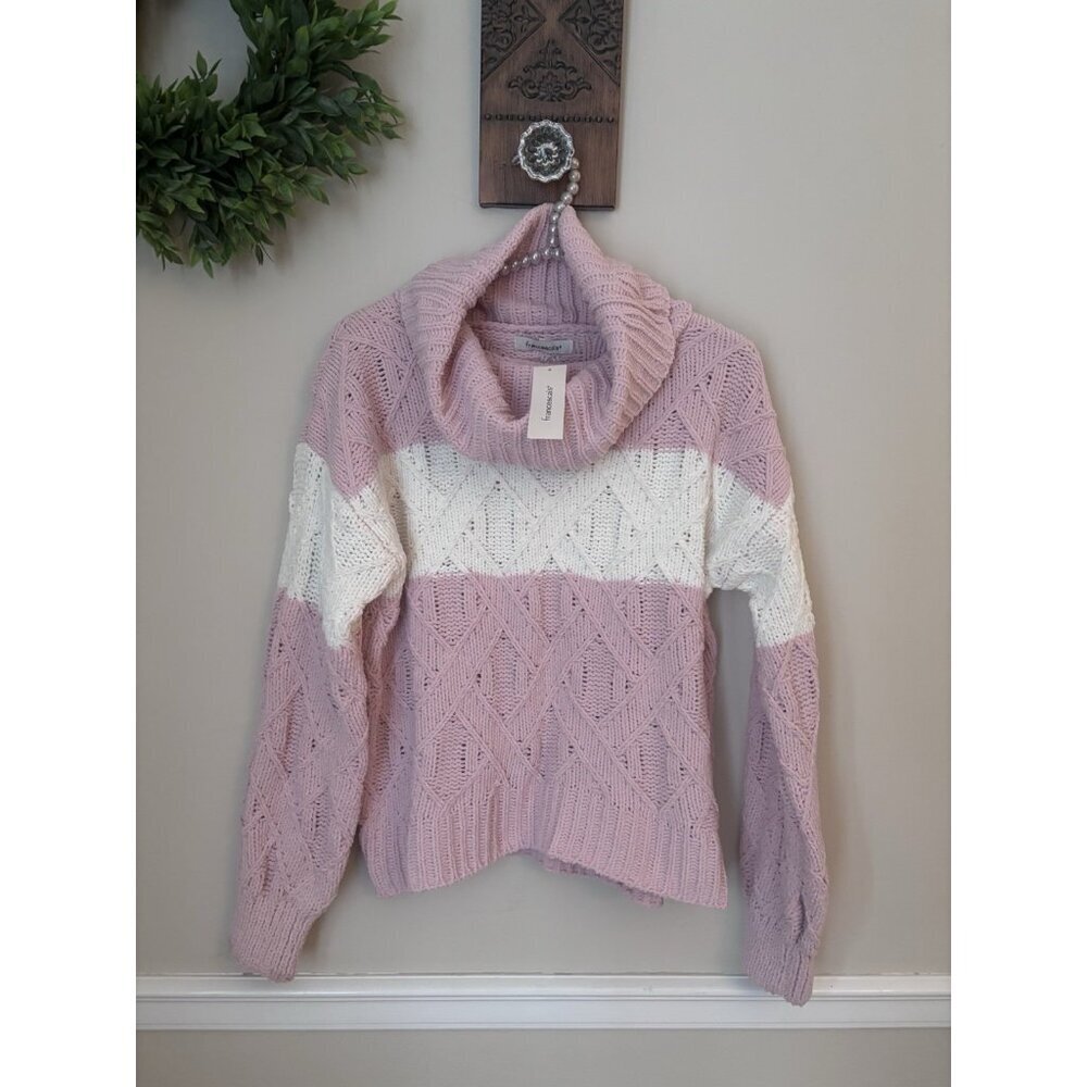 NWT Francescas Womens Size S Pink White Stripe Sweater Turtleneck Cable Knit